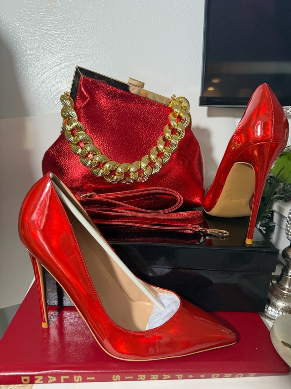Laser Red Stiletto Pumps with Matching Chain-Handle Clutch - Women